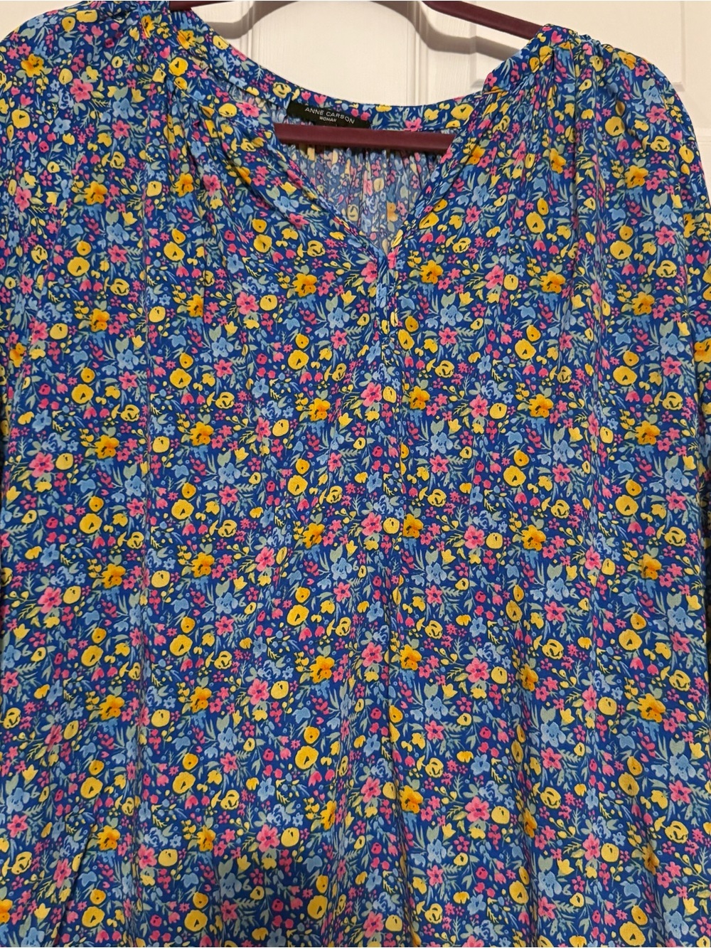 Anne Carson Floral Peasant Blouse in Blue, Yellow & Pink
